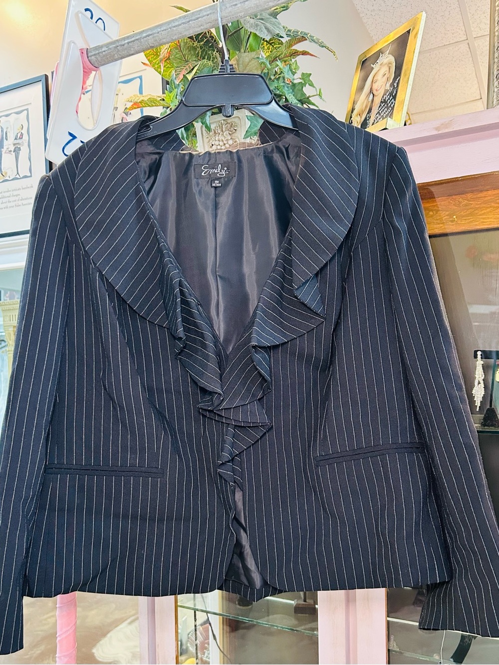 Emilio Ruffle Lapel Pinstripe Button-Down Blazer in Black